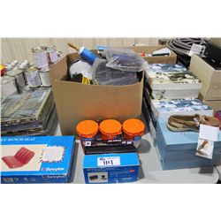 ASSORTED TOOLS, SAFETY ROPE AND FOOT PUMPS