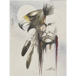 1991 Original Watercolor Indian Eagle Portrait
