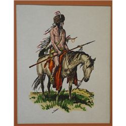 Original Watercolor Mounted Indian Brave - Jackson