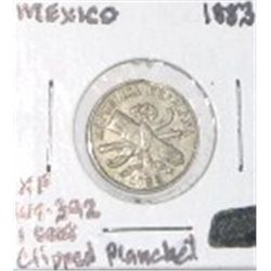 1883 MEXICO SILVER 1 CENT *RARE CLIPPED PLANCKET EARLY EXTRA FINE GRADE!! COIN CAME OUT OF SAFE!!