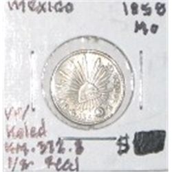 1858 SILVER EXTREMELY RARE MEXICO M/O 1/2 REAL *RARE VERY FINE-HOLED EARLY COIN!!