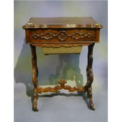 A Victorian figured walnutwood Gothic style work box the pie crust shaped top fitted a long apron