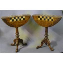 A pair of Victorian figured walnutwood pedestal drop flap tables, the top inlaid chessboards,