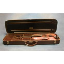 A violin with 2 piece back 14  contained in a carrying case and with 2 bows