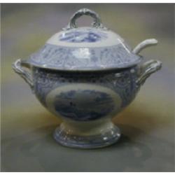 A large Victorian blue and white pottery twin handled soup tureen decorated country scenes 11 