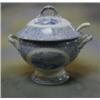 Image 1 : A large Victorian blue and white pottery twin handled soup tureen decorated country scenes 11"