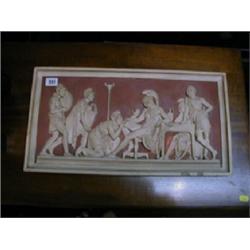 A 19th Century rectangular "terracotta" plaque depicting Roman scene with nobleman and attendants