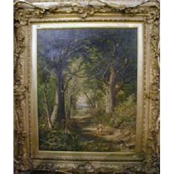 A Victorian oil painting on canvas  Wooded Glade with Ducks, Girls and Church in Distance  25  x