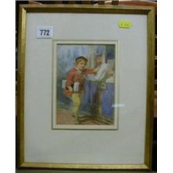 John Absolon a watercolour drawing "The Newspaper Boy" 6" x 4" the reverse with a J S Maas & Co Ltd