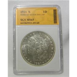 1921-S Morgan Silver Dollar SGS MS-65