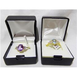 2 Gold Plated Amethyst & Topaz Rings w/ CZ's