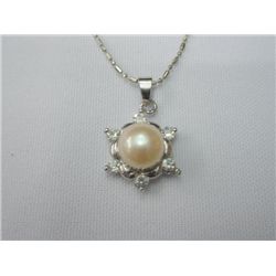 PEACH PEARL WITH 6CZ PENDANT SILVER NECKLACE; METAL: SI