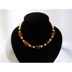 CARNILLIAN STONE AND PEARL NECKLACE; 18 INCH; PHILIPPIN