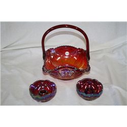 Red Indiana Carnival Glass Basket & Candlesticks