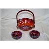 Image 1 : Red Indiana Carnival Glass Basket & Candlesticks