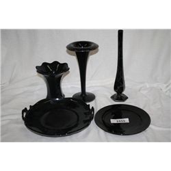 5 Pcs Black Amethyst Glass w/Silver Overlay