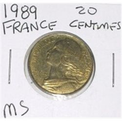 1989 FRANCE 20 CENTIMES *RARE MS HIGH GRADE!! COIN CAME OUT OF SAFE!!