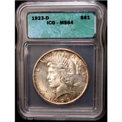 1923-D PEACE SILVER DOLLAR, ICG MS 64 NICE!