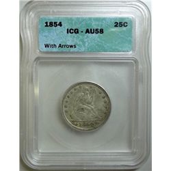1854 SEATED LIBERTY QUARTER WITH ARROWS ICG AU-58