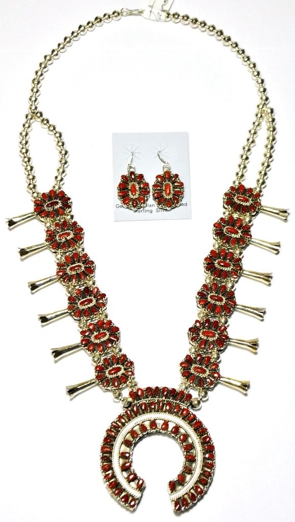 Navajo Coral & Turquoise Reversible Squash Blossom Necklace & Earrings
