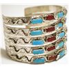 Image 2 : Zuni Coral & Turquoise Sterling Silver 5-Row Snake Cuff Bracelet - Effie Calavaza