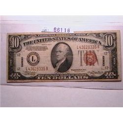 1934 A $10 'Hawaii'  WWII Federal Reserve Note VG
