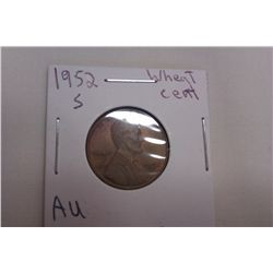 1952S AU Wheat Cent