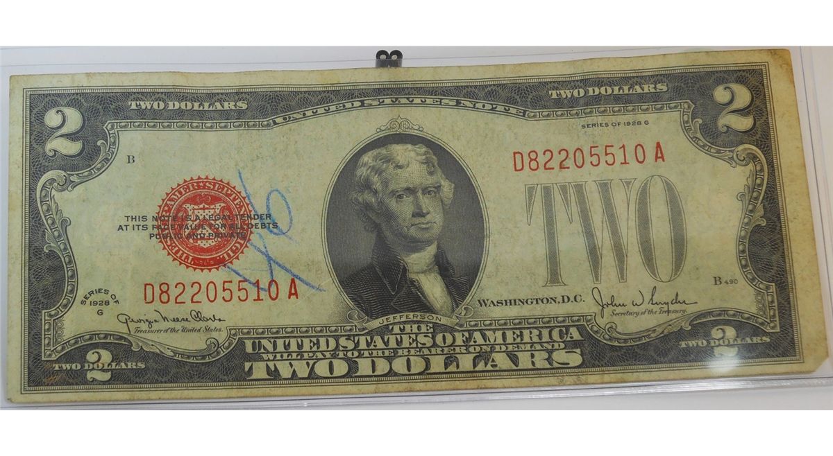 1928 Red Stamp 2 bill **Excellent Condition**