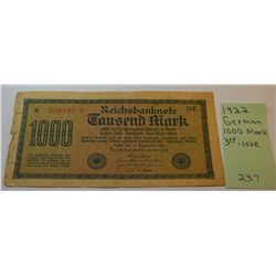 1922 German Mark- 1000- **3rd Issue** Beautiful Condition!