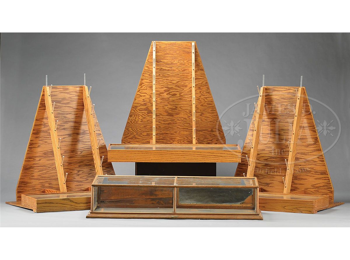 LOT OF THREE WOODEN GUN SHOW DISPLAY STANDS AND ANTIQUE GLASS COUNTER