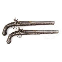 PAIR OF INTRICATELY DECORATED SILVER MOUNTED AND GOLD INLAID EASTERN EUROPEAN FLINTLOCK HOLSTER PIST