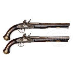 EARLY PAIR OF BRASS MOUNTED TATHAM (LONDON) FLINTLOCK HOLSTER PISTOLS.