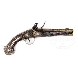 SILVER MOUNTED AND GOLD DAMASCENED TURKISH FLINTLOCK PISTOL.