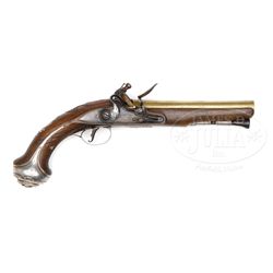 WILSON FLINTLOCK SILVER MOUNTED, BRASS BARRELED PISTOL.