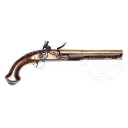 SILVER MOUNTED FLINTLOCK PISTOL WITH BRASS BARREL AND LOCK BY JOHN BENNETT.