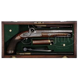 WILKINSON DOUBLE BARREL PERCUSSION HOWDAH PISTOL IN CASE.