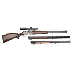 *JOHANN FRANZOI SIDELOCK OVER-UNDER BIG GAME DOUBLE RIFLE WITH THREE SETS OF BARRELS, SCOPE AND TRAV