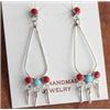 Image 1 : ZUNI Native American Turquoise & Garnet Sterling Silver Dangle Earrings  Comes w Cert  1 3/4"