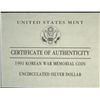 Image 3 : 1991 KOREAN WAR MEMORIAL UNCIRCULATED COMMEMORATIVE SILVER DOLLAR