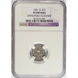 1851O 3 cent silver VERY SCARCE COIN TO OBTAIN NGC XF cleaned  est $90-$100