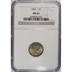 1892  Barber dime NGC63  est $200--$215