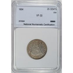 1854 Seated Liberty quarter  VF  est $35-$40