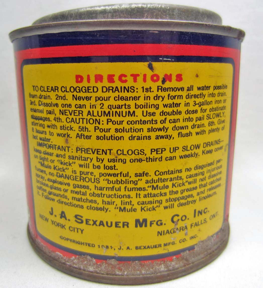 C. 1931 MULE KICK DRAIN CLEANER ADVERTISING TIN