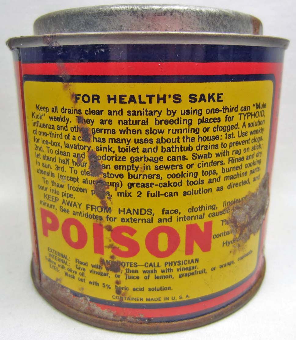 C. 1931 MULE KICK DRAIN CLEANER ADVERTISING TIN