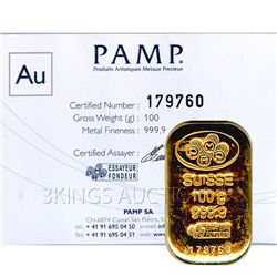 Poured 100 Gram Gold Bar (3.215 ounces) Pamp Suisse