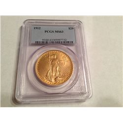 1912 PCGS MS-63 $20 GOLD ST GAUDENS