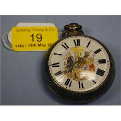 A silver pair cased open face verge pocket watch, white enamel dial  with central painted scene