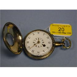 A silver half hunter verge pockeet watch (outer case missing), white  enamel dial, outer dial re