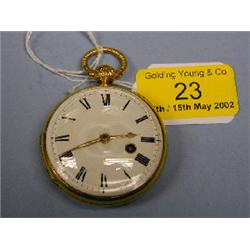 A gilt metal open face verge pocket watch, white dial with Roman  numerals, engraved balance coc