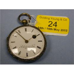 A Swiss silver with gold open face fusee fob watch, white enamel dial  signed Achard & Fils Gene